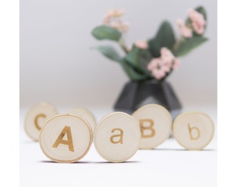 Wooden Montessori CE certified alphabet discs with uppercase-lowercase letters for toddlers and preschoolers, Educational alphabet blocks