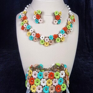 Antique Celluloid Colorful Flower Parure Necklace Bracelet Earrings Set Vintage Jewelry, Miriam Haskell Style Floral Nature Theme