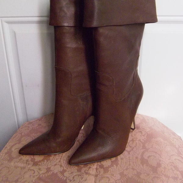 Brown Leather Cuffed Knee High Stiletto Boots, Sz 7.5, Vintage Troubador