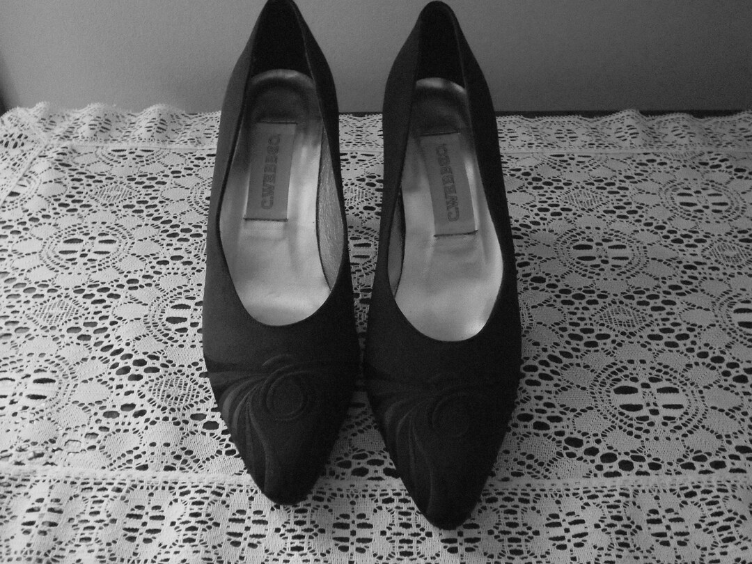 Black Fabric Covered High Heel Dress Pumps, Size 7.5, Vintage CWEBBCO