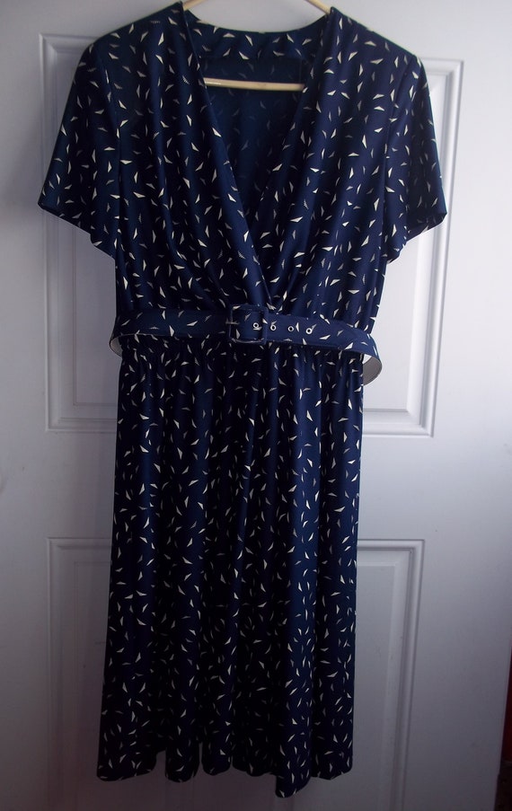 Handmade Navy Blue & White Belted Pull-on Dress wi