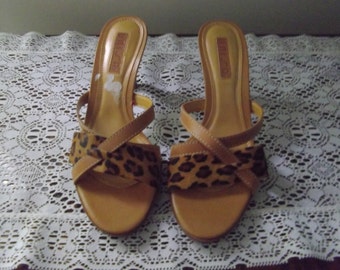 Leopard Print Mules by Unisa, Wood Heel, Size 7.5, Vintage 90's