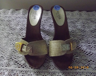 Gold Mules by Guess, Wood Heel, Size 7.5, Vintage 90's