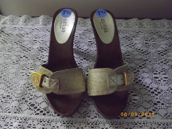 Gold Mules by Guess Wood Heel Size 7.5 