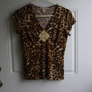 Brown Animal Print Short Sleeve Top, Size Small,Susan Lawrence, 90&#39;s