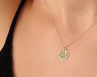 Gold Flower Necklace • Rose Flower Necklace • Gold Flower Pendant Necklace • Flower Charm Necklace • Rose Flower • 14k Gold Flower Necklace