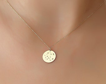 14k Solid Gold Zodiac Necklace • Gold Astrology Zodiac Signs Circle Necklace • 14k Gold Zodiac Necklace • Personalized Horoscope Necklace