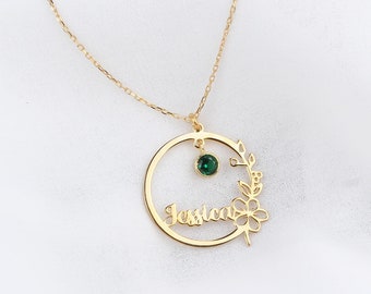 Gold Personalized Birthstone Name Necklace: Custom Flower Design