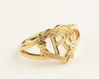 Initial Heart Ring – Personalized Floral Letter Ring, 925 Sterling Silver, 18K Gold Custom Jewelry