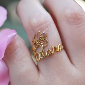 Birth Flower Name Ring • Sterling Silver Flower Ring • Gold Custom Name Ring • Rose Gold Personalized Flower Ring • Birthstone Name Ring