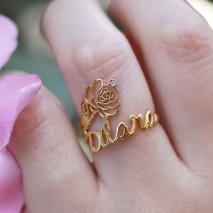 Birth Flower Name Ring • Sterling Silver Flower Ring • Gold Custom Name Ring • Rose Gold Personalized Flower Ring • Birthstone Name Ring