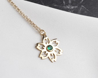 Collana con fiore di nascita in oro 18 carati e pietra portafortuna personalizzata: ciondolo floreale in argento sterling personalizzato