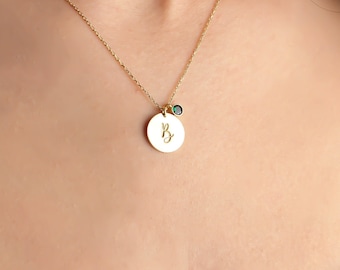 18K Gold Birthstone Initial Necklace: Personalized Charm Pendant