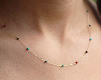 Colored Gold Natural Stone Necklace • Row of Natural Stone Necklace • Jade, Coral, Onyx, Turquoise, Lapis Stone Dainty Gold Chain Necklace