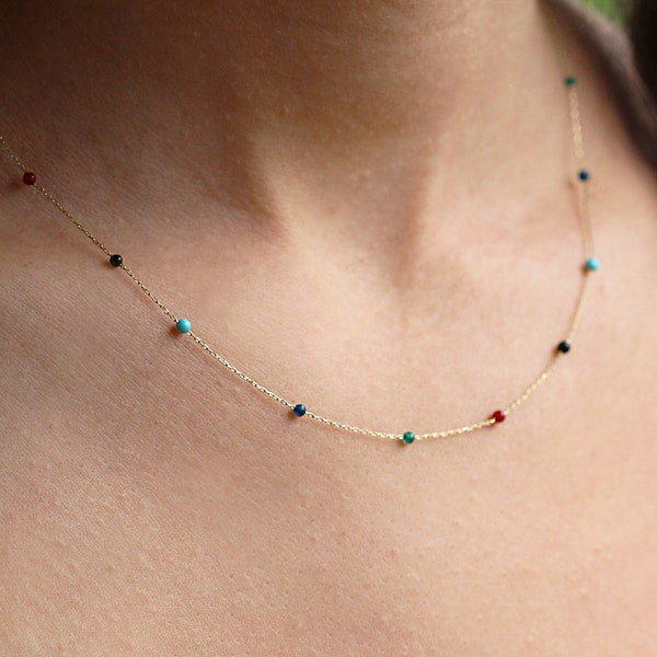 Colored Gold Natural Stone Necklace • Row of Natural Stone Necklace • Jade, Coral, Onyx, Turquoise, Lapis Stone Dainty Gold Chain Necklace