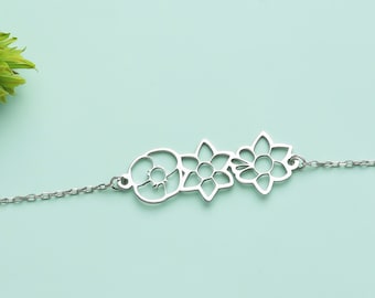 Bracelet de fleurs de naissance en argent sterling • Bracelet de fleurs de naissance combinées • Bracelet de fleurs personnalisé • Bijoux de fleurs de naissance • Cadeau de famille