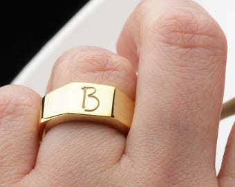 18K Gold Personalized Initial Bold Band Ring – Sterling Silver Chunky Letter Jewelry