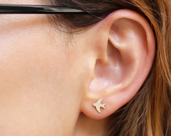 14k Gold Bird Stud Earrings • Rose Gold Swallow Earrings • White Gold Dove Earrings • Stud Earrings • Gold Minimalist Bird Stud Earrings