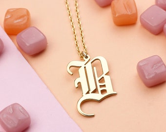 Gold Gothic Initial Necklace: Personalized Sterling Silver Letter Pendant