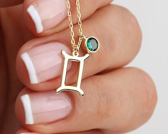 18K Gold Zodiac Necklace with Birthstone Charm: Custom Horoscope Pendant