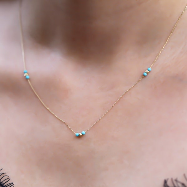 14k Gold Natural Turquoise Necklace • Row Stone Necklace • 14k Gold Handmade Necklace • Dainty Turquoise Necklace •Turquoise Dorica Necklace