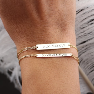 Custom Sterling Silver Bar Bracelet: Roman Numeral Date Bracelet