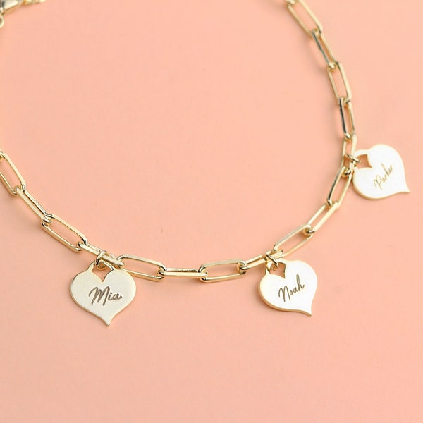 Custom Heart Bracelet • Heart Family Bracelet • Link Chain Charm Bracelet Bracelet • Personalized Initial Bracelet