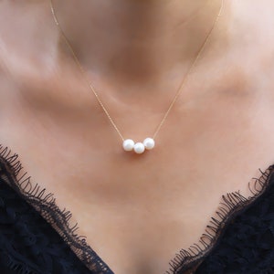 14k Gold Pearl Necklace • Triple Freshwater Pearl Necklace • Engagement Gift • Anniversary Gift • Gold Dainty Pearl Necklace • Three Pearls