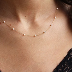 14k Solid Gold Pearl Necklace: Dainty Good Luck Charm