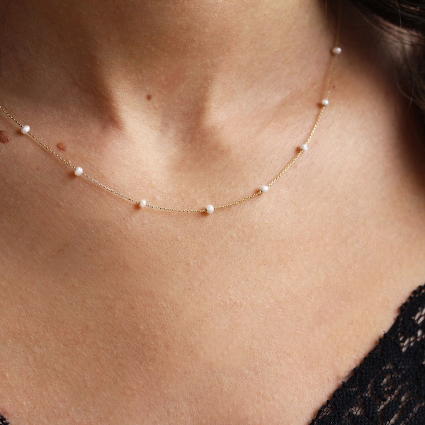 Collar de perlas • Amuleto de buena suerte • Collar de perlas de oro • Collar de hilera de perlas • Collar de oro delicado • Collar delicado • Cadena delicada