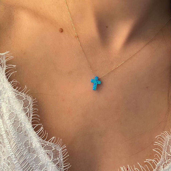 18K Gold Opal Cross Necklace: Dainty Modern Jewelry