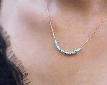 14k Solid Gold Turquoise Beaded Necklace: Dainty Handmade Dorica Beads