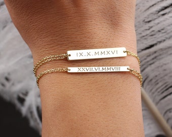 Custom Bar Bracelet • Roman Numeral Bracelet • Custom Date Bracelet • Silver Bar Bracelet • Personalized Bracelet • Dainty Bar Name Bracelet