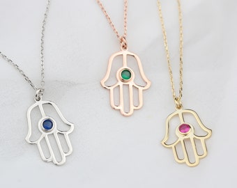 Birthstone Hand of Hamsa Necklace • Fatima Hand Necklace • Custom Birthstone Protection Necklace • Sterling Silver Hand of Hamsa Necklace