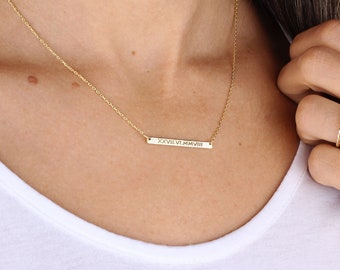 Bar Necklace • Personalized Silver Bar Name Necklace • Custom Dainty Pendant • Customized Roman Numerals Necklace • Customized Date Necklace