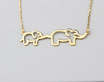 18K Gold Mother and Baby Elephant Necklace: Dainty Family Jewelry