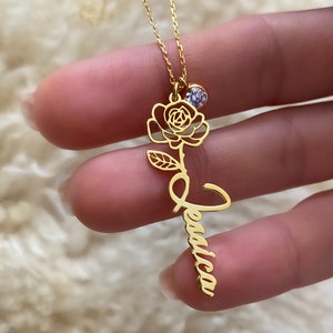 Birth Flower Name Necklace • Silver Birthstone Name Necklace •  Custom Name Necklace • Custom Flower Necklace • Personalized Flower Necklace