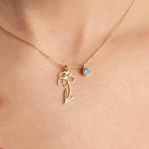 Złoty naszyjnik z motywem kwiatowym: spersonalizowany wisiorek z kwiatowym kamieniem urodzinowym z 18-karatowego złota