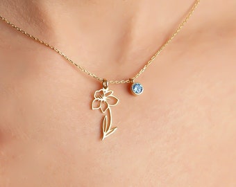 Gold Birth Flower Necklace: Personalized 18K Month Floral Birthstone Pendant
