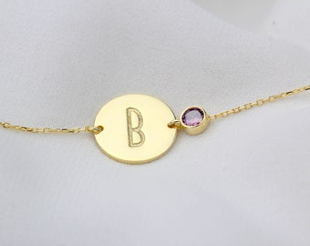 Gold Birthstone Initial Bracelet: Personalized 18K Disc Charm