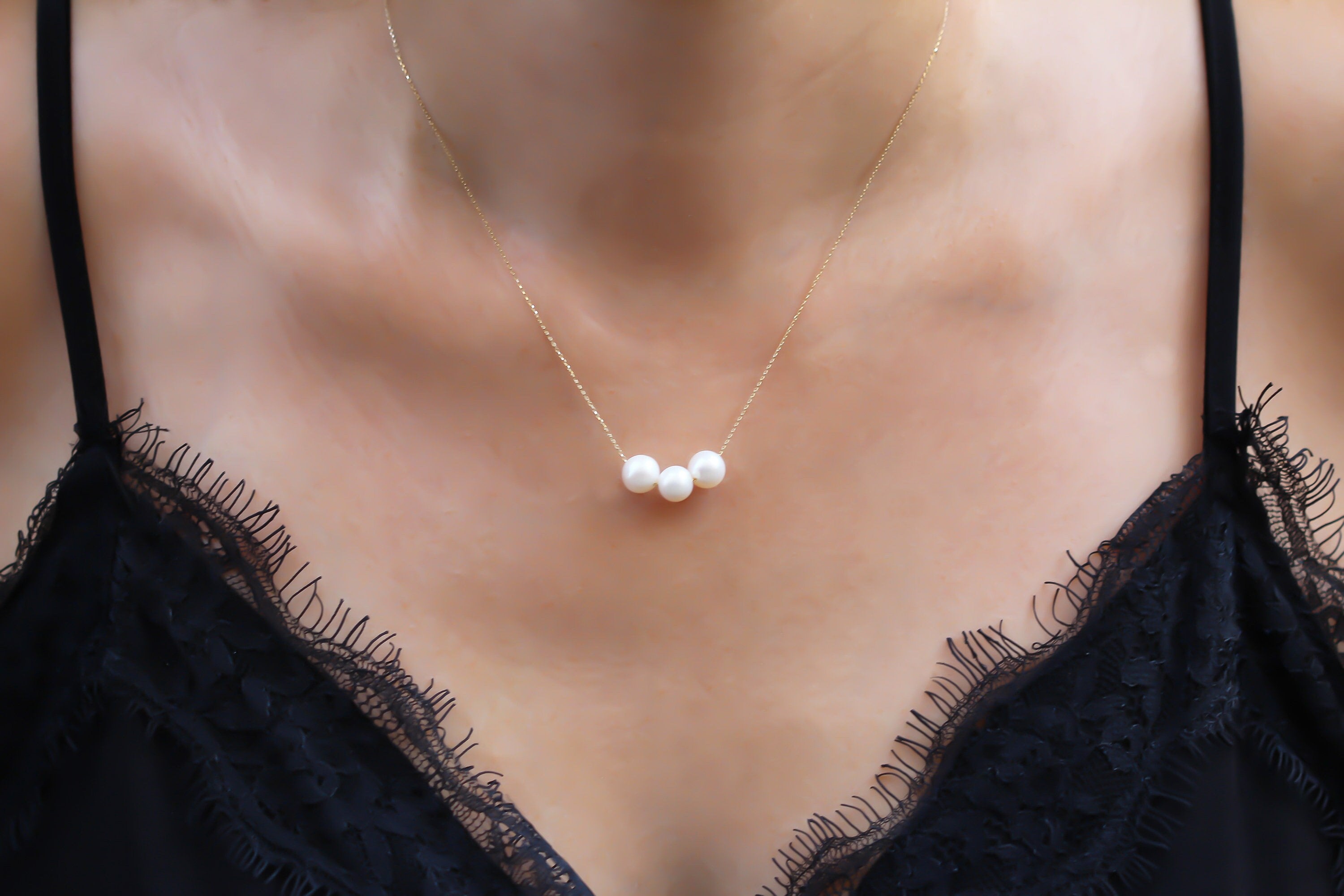 14k Solid Gold Freshwater Pearl Necklace - Dainty Triple Pearl