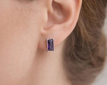 Sterling Silver Baguette Birthstone Stud Earrings