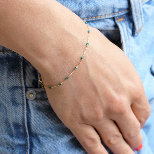 14k Solid Gold Jade Stone Bracelet: Dainty Row Bracelet