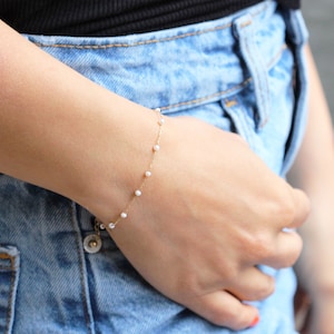 14k Solid Gold Pearl Bracelet, Dainty Row Bracelet, Anniversary Gift
