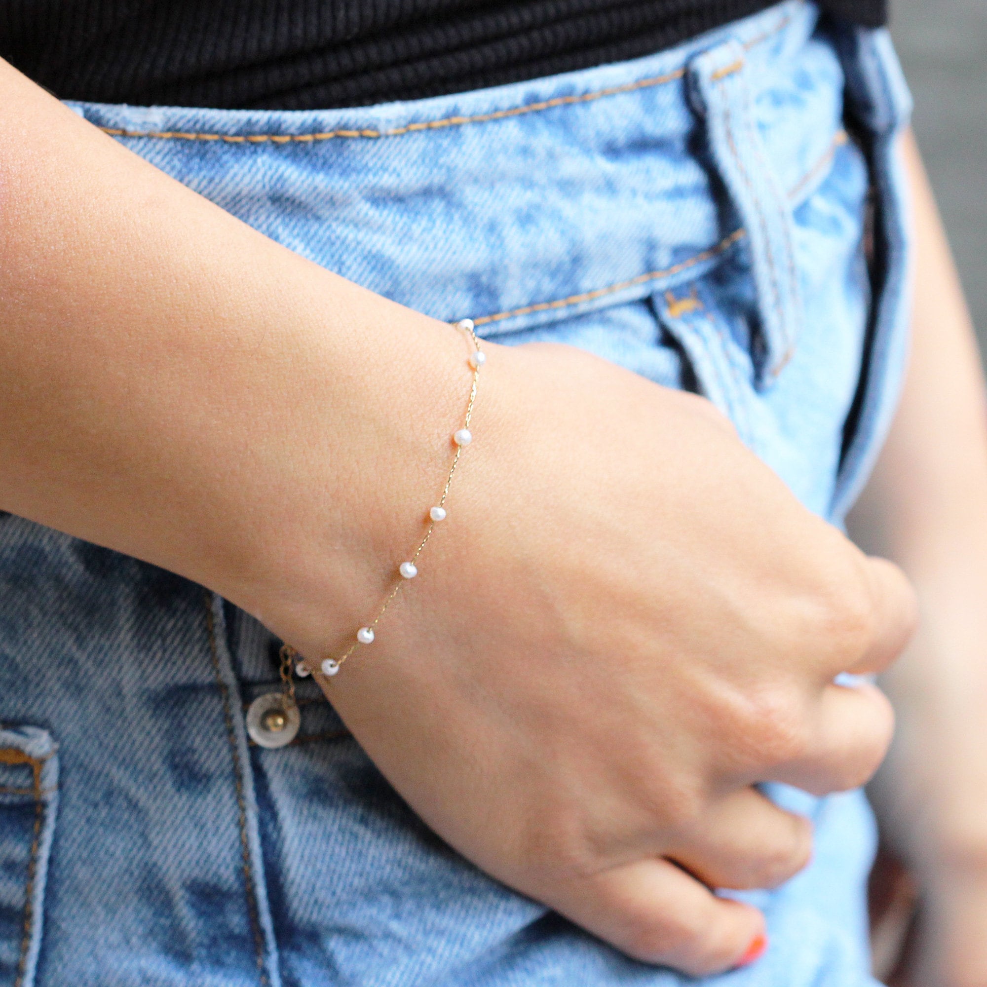 14k Gold Pearl Bracelet • Row Pearls Bracelet • Dainty Gold Pearl Braceelt • Natural Pearl Bracelet • Anniversary Gift • Bridesmaid Bracelet