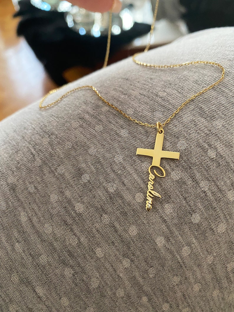 Name Cross Necklace Modern Cross Necklace Gold Name Cross Etsy