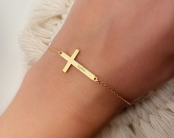 Gold Name Cross Bracelet: Personalized Initial Sterling Silver Jewelry