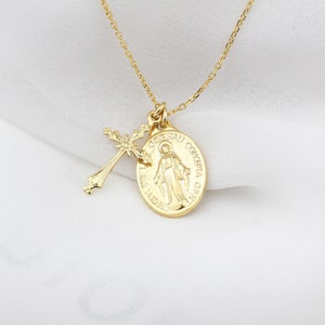 Virgin Mary and Jesus Necklace • Silver Jesus Necklace • Gold Christian Necklace • Dainty Cross Necklace • Delicate Sterling Cross Necklace