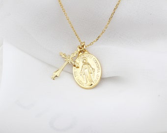 Virgin Mary and Jesus Necklace • Silver Jesus Necklace • Gold Christian Necklace • Dainty Cross Necklace • Delicate Sterling Cross Necklace