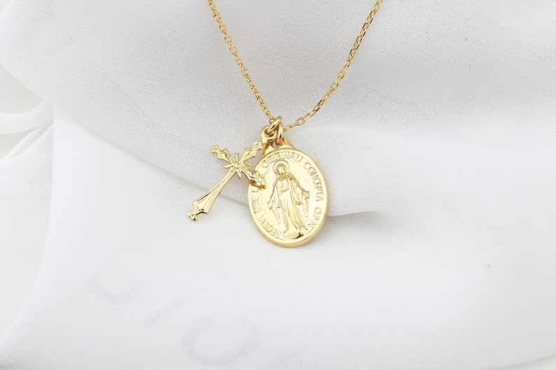 Virgin Mary and Jesus Necklace Silver Jesus Necklace Gold Christian Necklace Dainty Cross Necklace Delicate Sterling Cross Necklace image 1